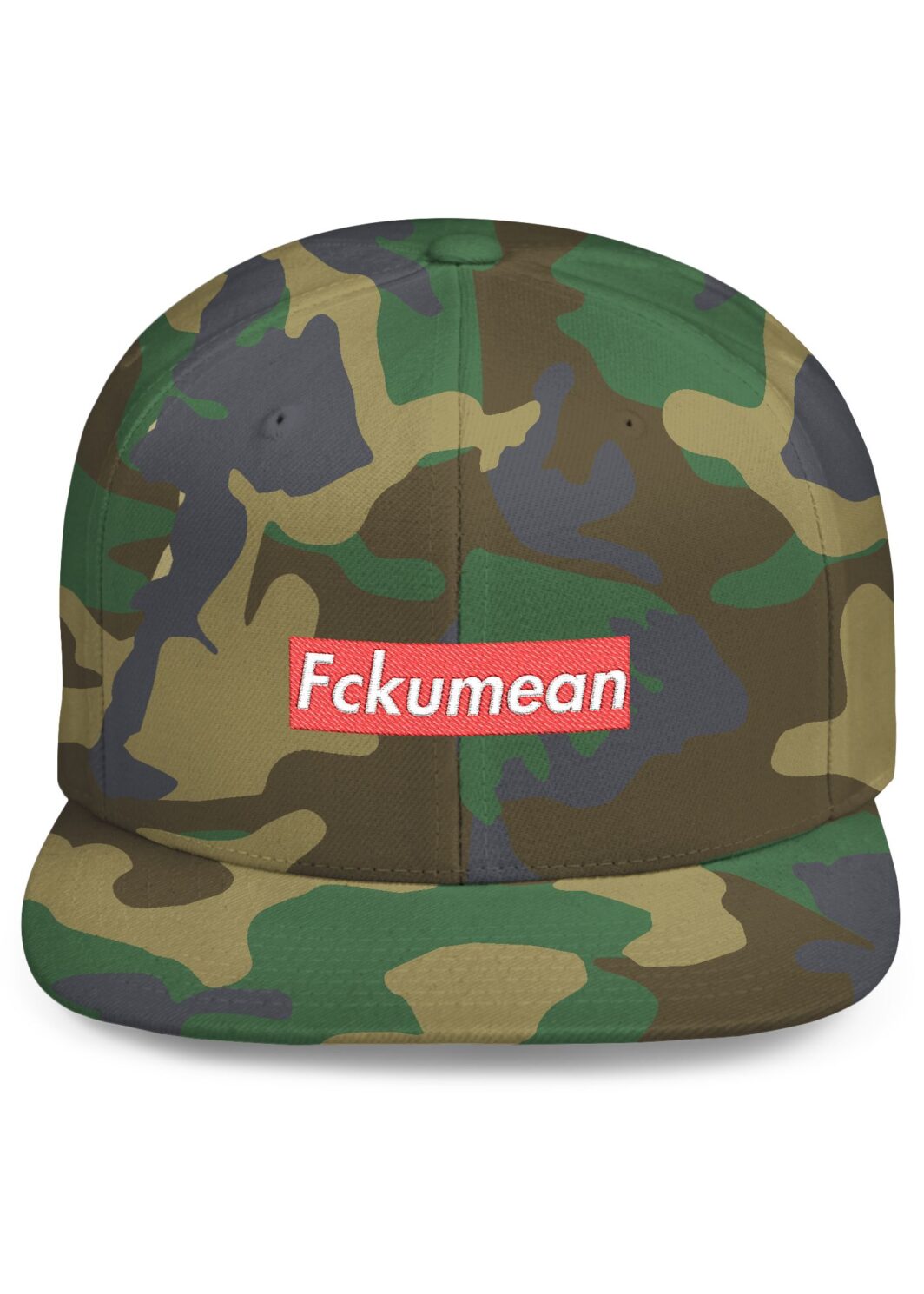 Fckumean Camo Flat Bill Snapback Hat, Trendy Cap for Street Style, Unisex Fashion